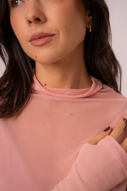 Blusa de Tule Manga Longa com Abertura para Dedo Rosé