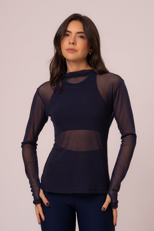 Blusa de Tule Manga Longa com Abertura para Dedo Azul Marinho