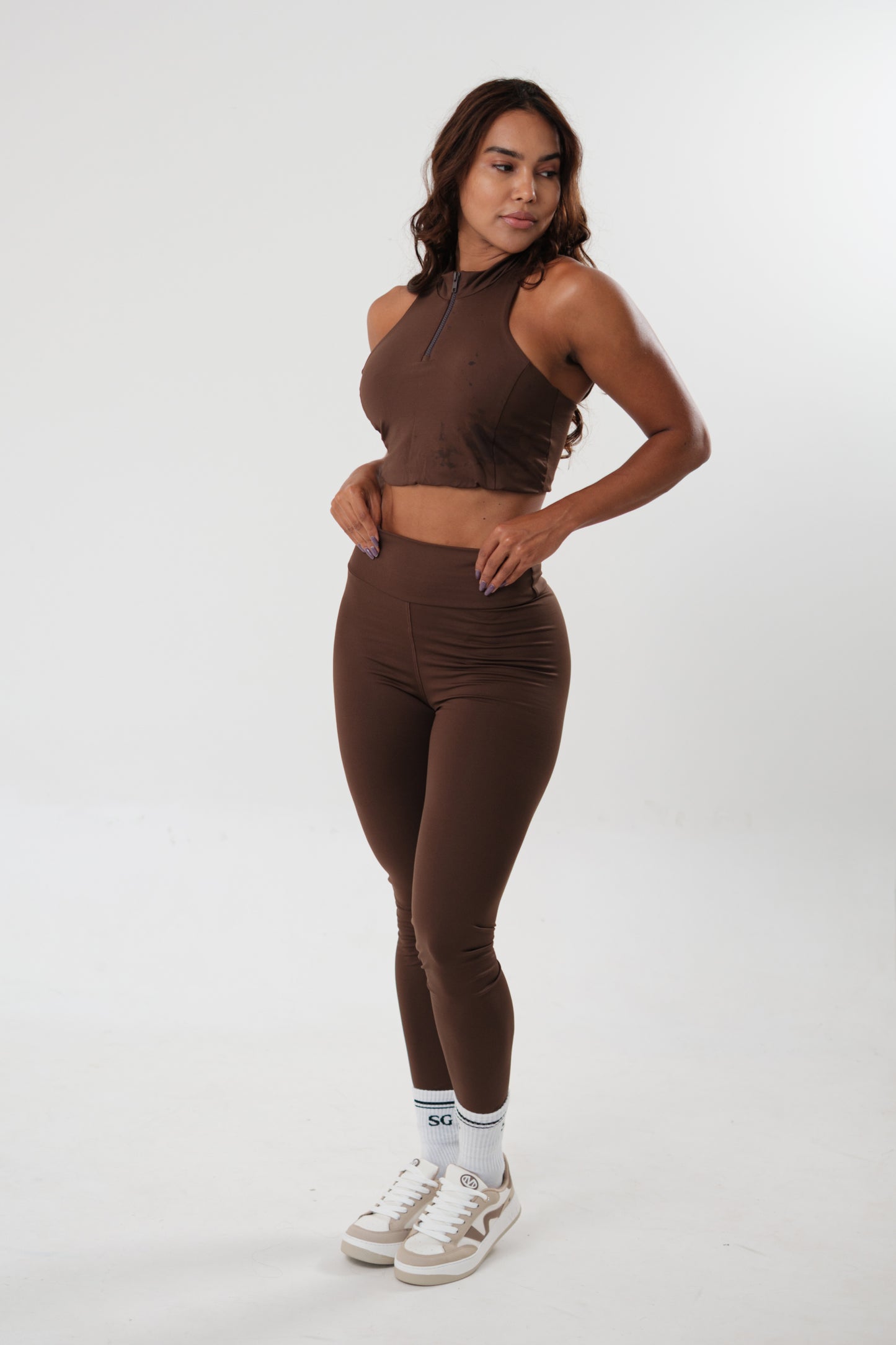 Conjunto Legging e Top Essentials Zíper Marrom