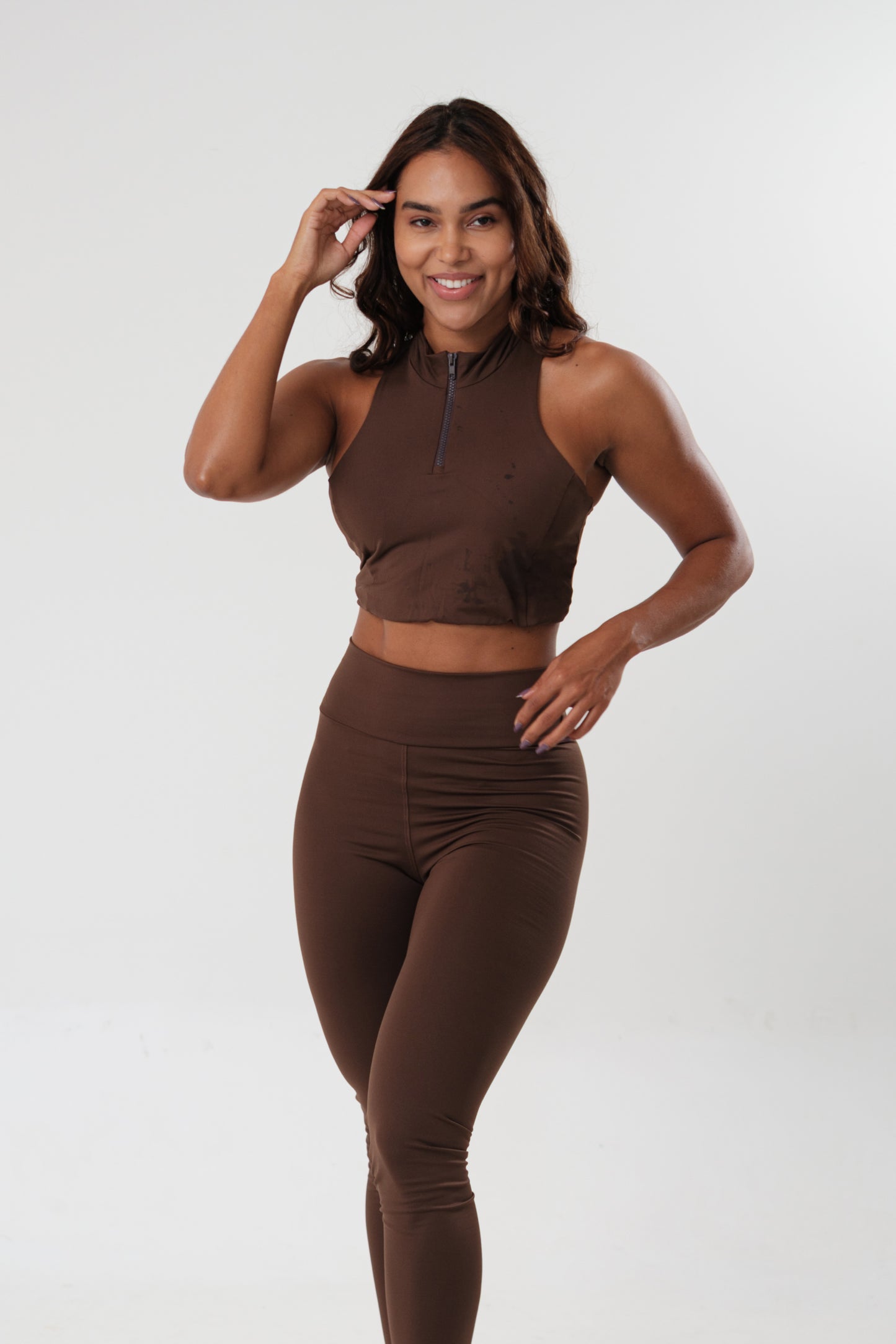 Conjunto Legging e Top Essentials Zíper Marrom