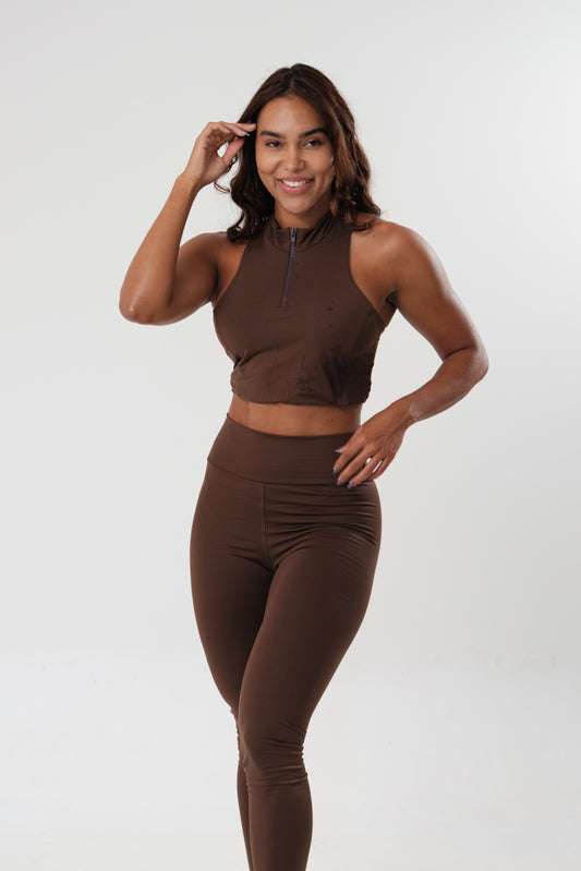 Conjunto Legging e Top Essentials Zíper Marrom