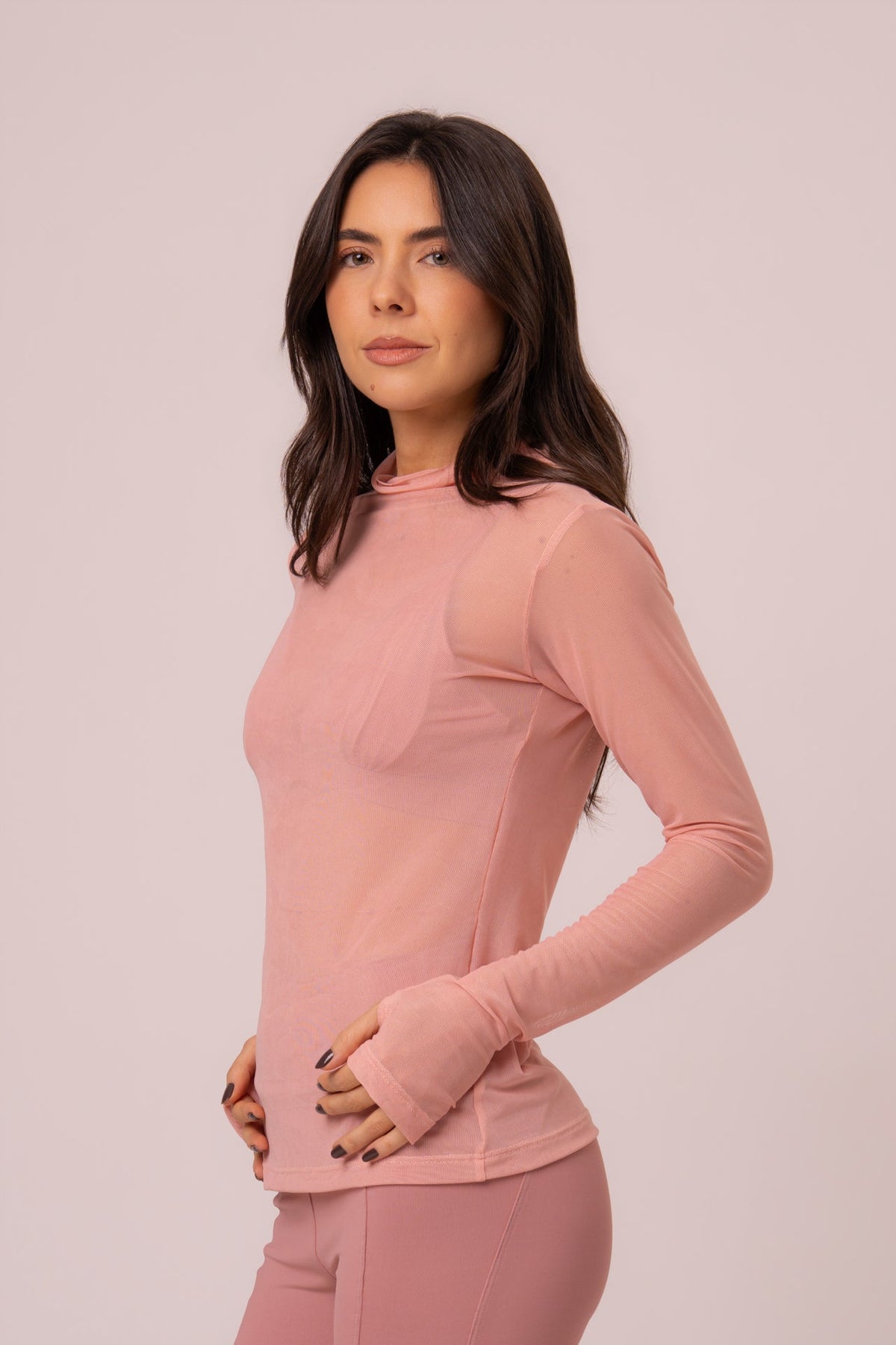 Blusa de Tule Manga Longa com Abertura para Dedo Rosé